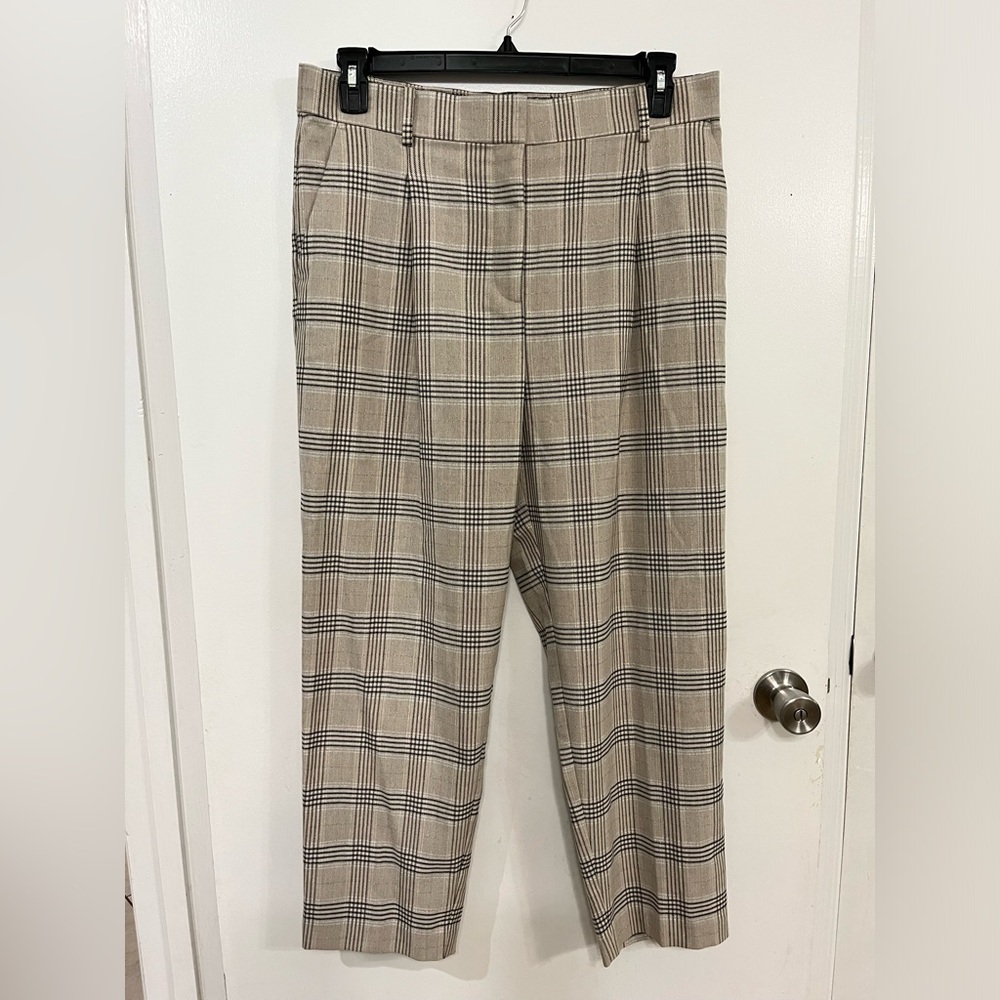 LOFT Tan and Black Plaid Straight-Leg Trousers, size 12